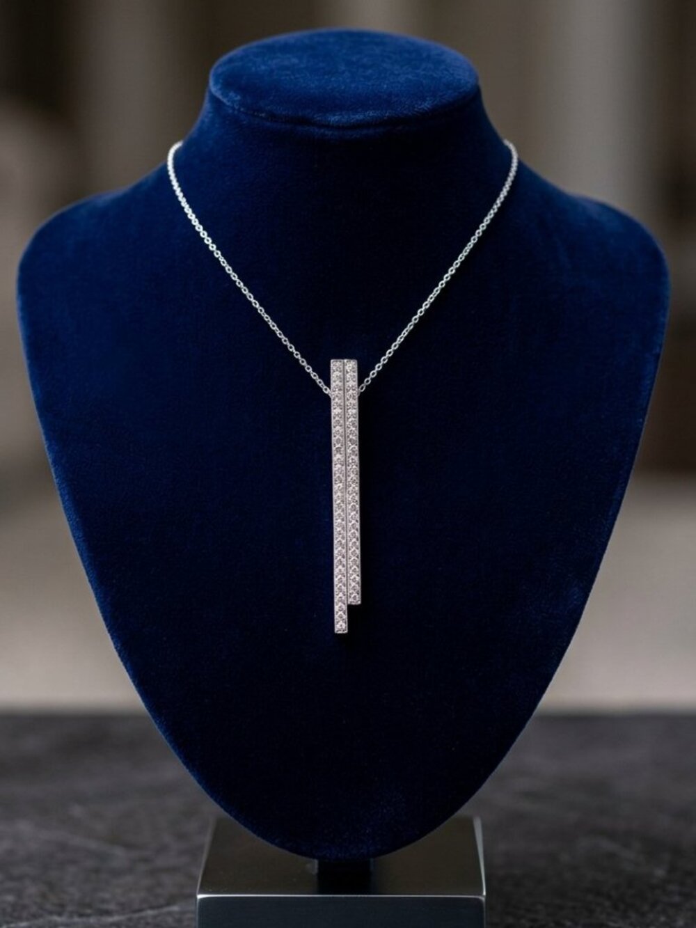 Rhodium Plated Asymmetric Double Vertical Bar Pendant Necklace Pave Crystal NWOT